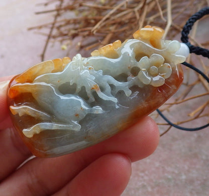 Certified Hand Carved Green Yellow Myanmar Burma 100% Natural Grade A Jade jadeite Deer Flower Pendant Necklace