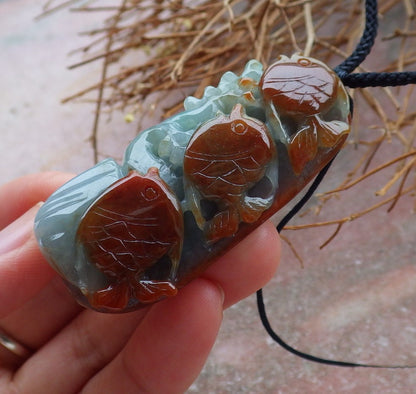 Certified Hand Carved Green Red Natural Burma Grade A Jade Jadeite Fish Sea Shell Ruyi Pendant Necklace