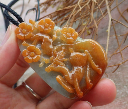 Certified Hand Carved Green Yellow Myanmar Burma 100% Natural Grade A Jade jadeite Deer Flower Pendant Necklace