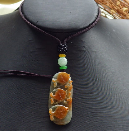 Certified Hand Carved Green Red Natural Burma Grade A Jade Jadeite Fish Sea Ruyi Pendant Necklace