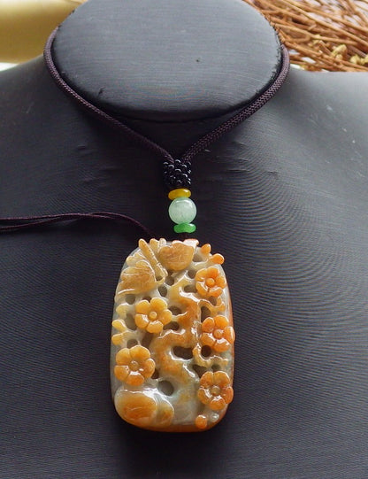 Certified Hand Carved Yellow Green Natural Myanmar Burma Grade A Jade jadeite Butterfly Lotus Flower Pendant Necklace