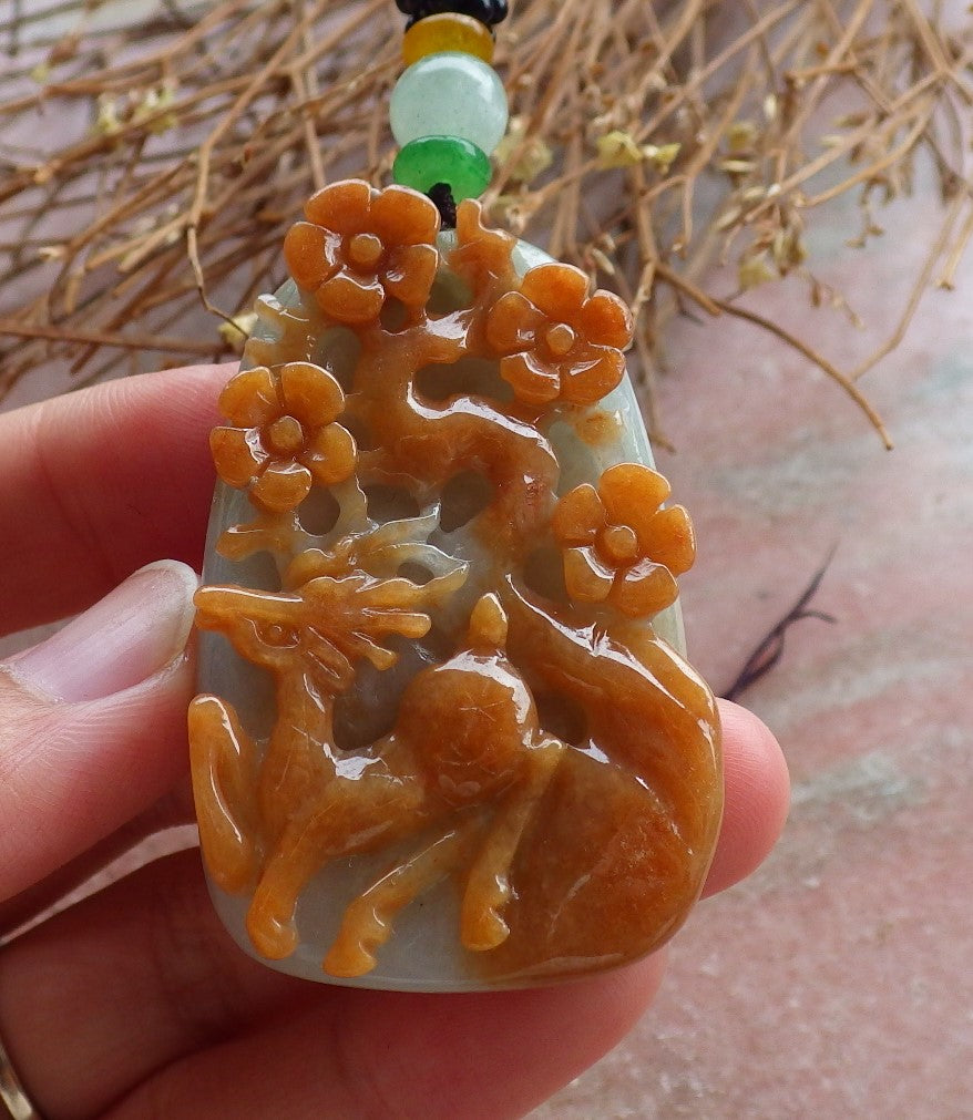 Certified Hand Carved Red Green Natural Myanmar Burma A Jade Jadeite Deer Flower Pendant Necklace