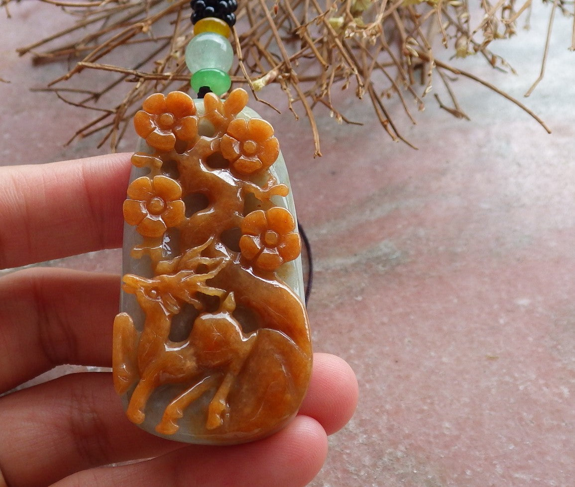 Certified Hand Carved Red Green Natural Myanmar Burma A Jade Jadeite Deer Lotus Flower Pendant Necklace