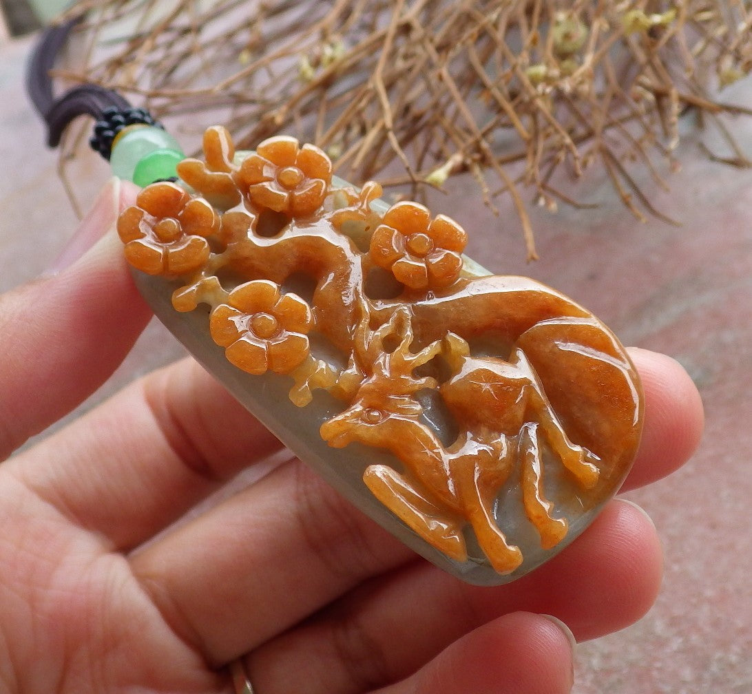 Certified Hand Carved Red Green Natural Burma A Jade Jadeite Deer Lotus Flower Pendant hot Necklace