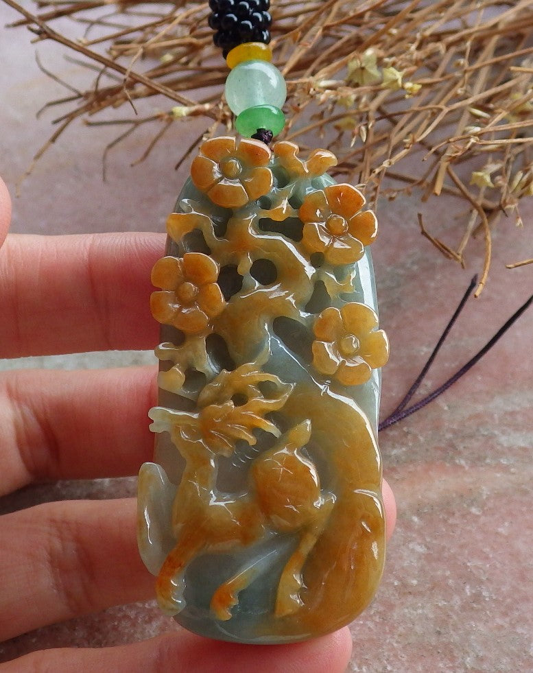 Certified Hand Carved Red Green Natural Myanmar Burma A Jade Deer Flower Lotus Pendant Necklace