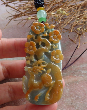 Certified Hand Carved Red Green Natural Myanmar Burma A Jade Deer Flower Lotus Pendant Necklace