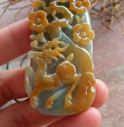 Certified Hand Carved Red Green Natural Myanmar Burma A Jade Deer Flower Lotus Pendant Necklace