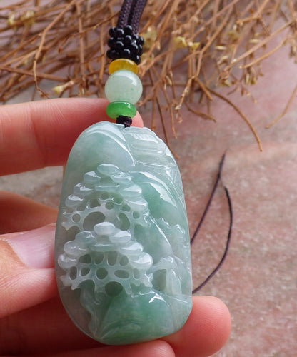 Certified Hand Carved Natural Green Myanmar Burma A Jade jadeite Landscape Painting Flower Tree Pendant Necklace