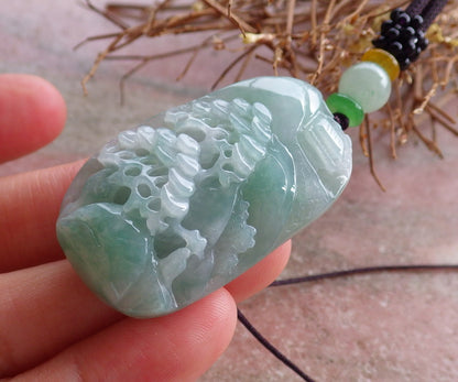 Certified Hand Carved Natural Green Myanmar Burma A Jade jadeite Landscape Painting Flower Tree Pendant Necklace