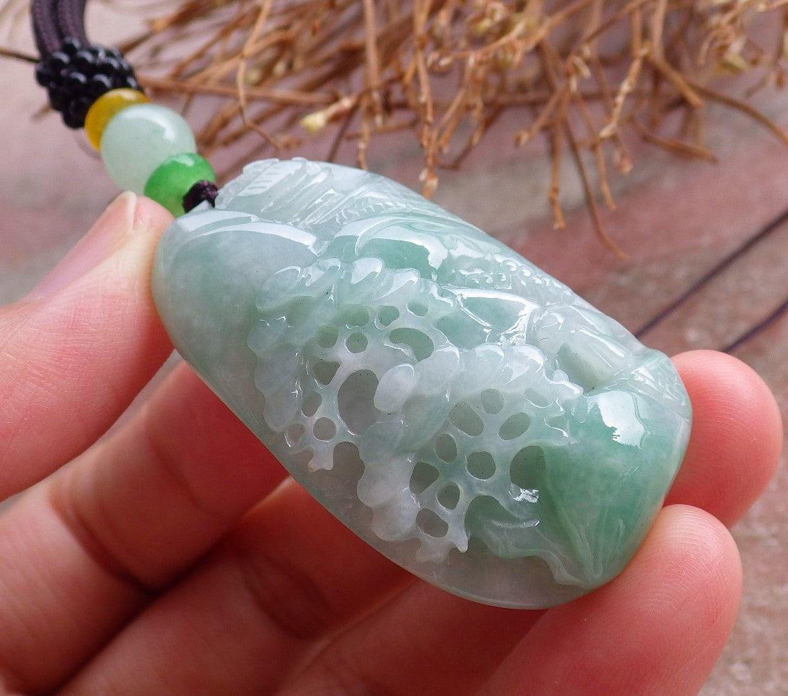 Certified Hand Carved Natural Green Myanmar Burma A Jade jadeite Landscape Painting Flower Tree Pendant Necklace