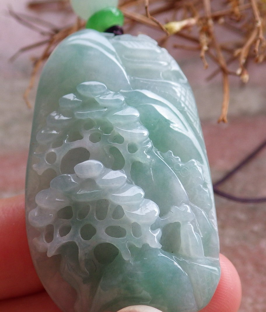 Certified Hand Carved Natural Green Myanmar Burma A Jade jadeite Landscape Painting Flower Tree Pendant Necklace