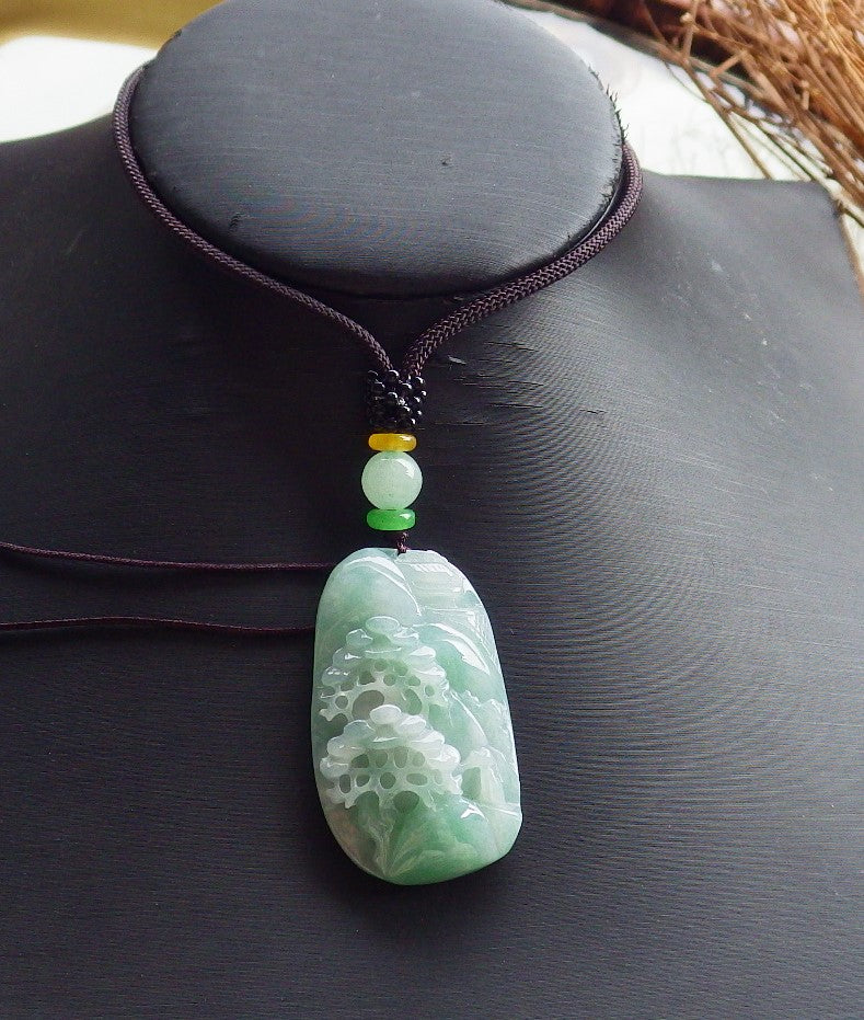 Certified Hand Carved Natural Green Myanmar Burma A Jade jadeite Landscape Painting Flower Tree Pendant Necklace