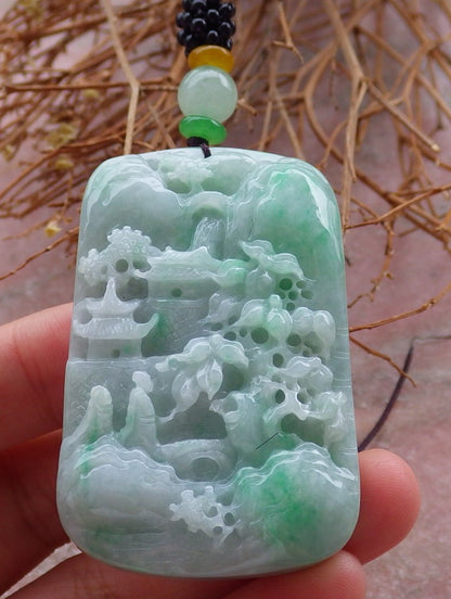 Certified Hand Carved Green Natural Burma A Jade jadeite Landscape Tree Painting Pendant Necklace