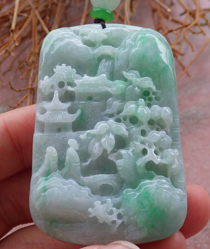 Certified Hand Carved Green Natural Burma A Jade jadeite Landscape Tree Painting Pendant Necklace