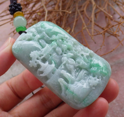 Certified Hand Carved Green Natural Burma A Jade jadeite Landscape Tree Painting Pendant Necklace