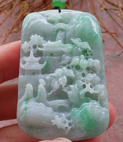 Certified Hand Carved Green Natural Burma A Jade jadeite Landscape Tree Painting Pendant Necklace