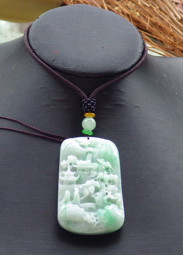 Certified Hand Carved Green Natural Burma A Jade jadeite Landscape Tree Painting Pendant Necklace