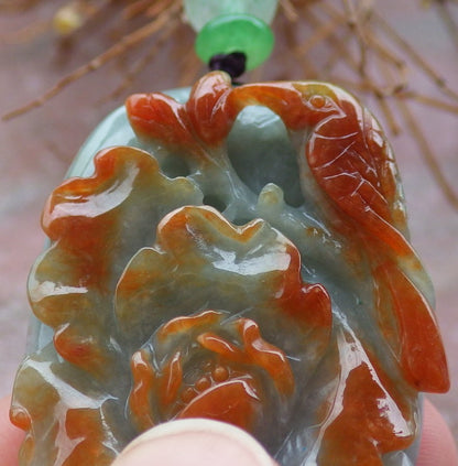 Certified Hand Carved Red Green Natural Myanmar Burma Grade A Jade jadeite Phoenix Bird Ruyi Lotus Flower Pendant Necklace