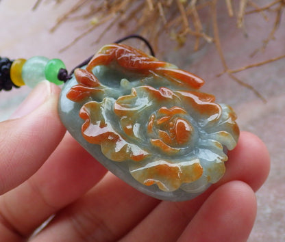 Certified Hand Carved Red Green Natural Myanmar Burma Grade A Jade jadeite Phoenix Bird Ruyi Lotus Flower Pendant Necklace