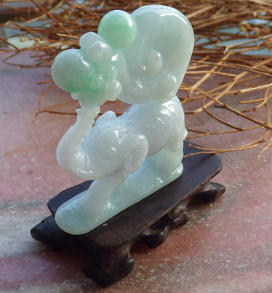 Certified Hand Carved Natural Green Myanmar Burma A Jade jadeite Elephant Display with Wood Stand