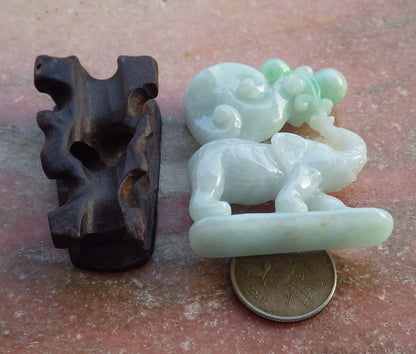 Certified Hand Carved Natural Green Myanmar Burma A Jade jadeite Elephant Display with Wood Stand