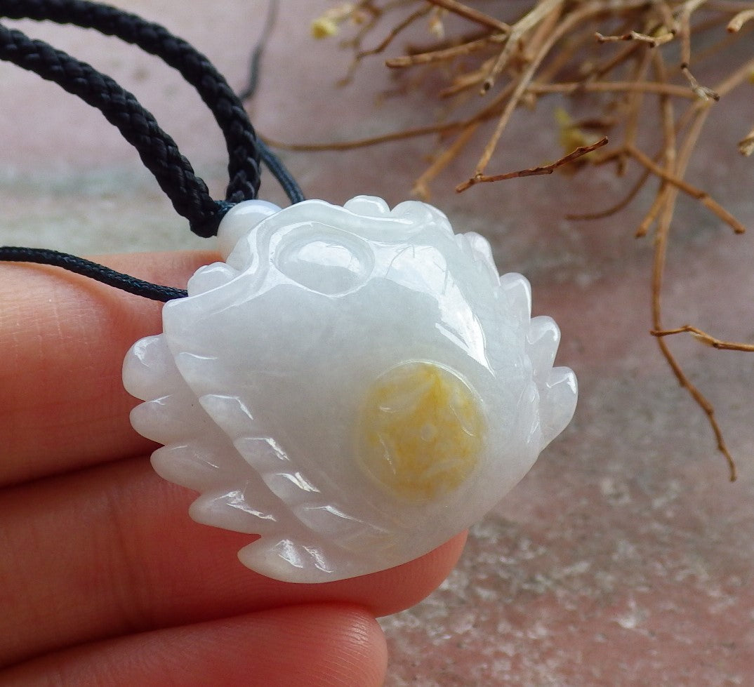 Certified Hand Carved Yellow Natural Myanmar Burma A Jade Carving Ruyi Crab Pendant Necklace