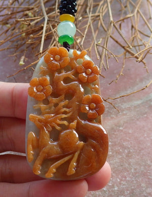Certified Hand Carved Green Yellow Myanmar Burma 100% Natural A Jade jadeite Deer Flower Pendant Necklace