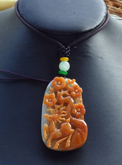 Certified Hand Carved Green Yellow Myanmar Burma 100% Natural A Jade jadeite Deer Flower Pendant Necklace