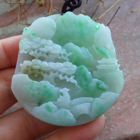 Certified Hand Carved Green Natural Burma A Jade jadeite Landscape Tree Painting Pendant Necklace