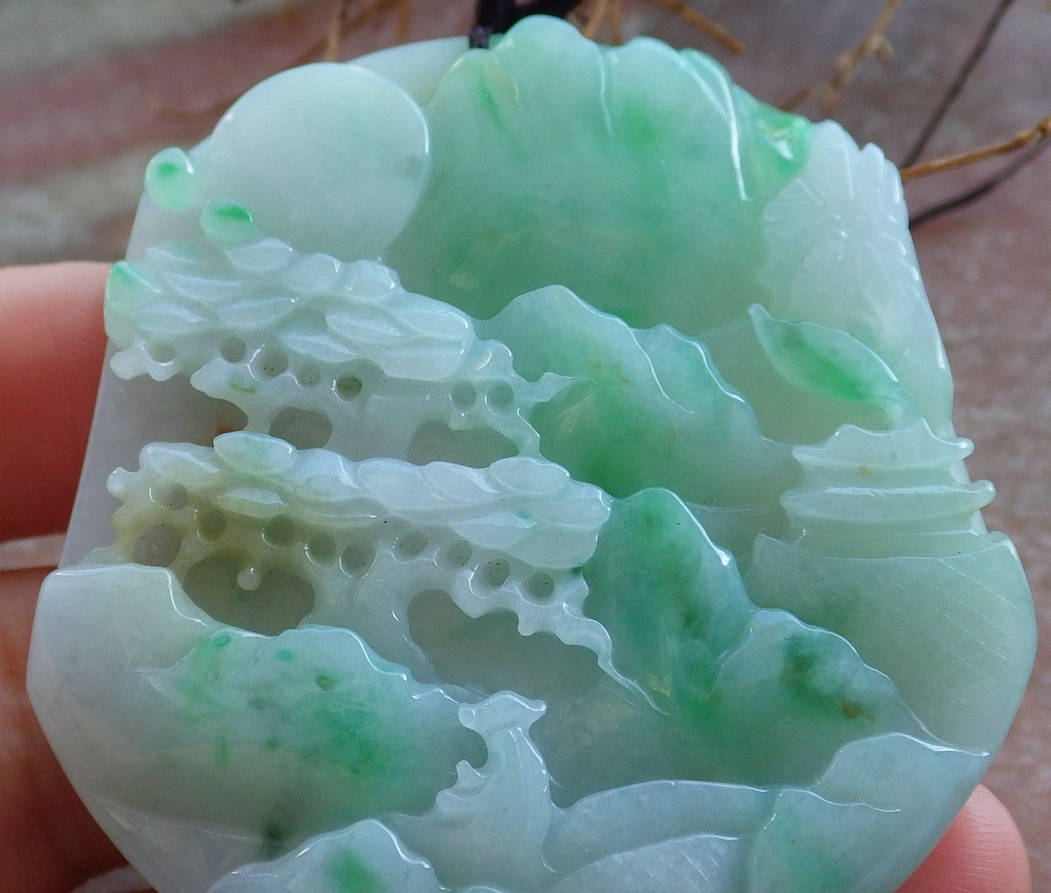 Certified Hand Carved Green Natural Burma A Jade jadeite Landscape Tree Painting Pendant Necklace