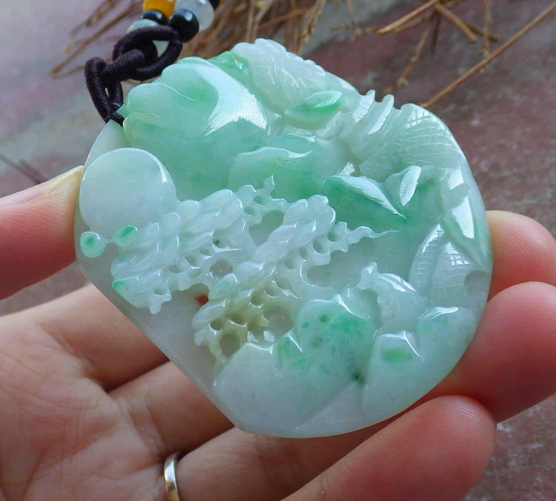 Certified Hand Carved Green Natural Burma A Jade jadeite Landscape Tree Painting Pendant Necklace