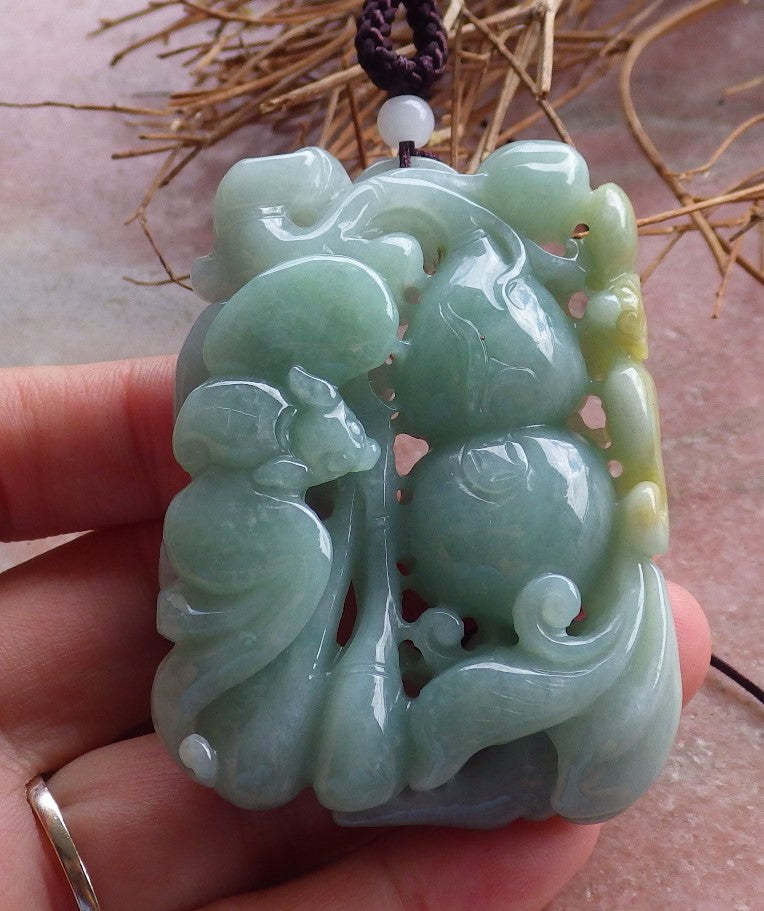 Certified Hand Carved Green Yellow Natural Myanmar Burma A Jade jadeite Bat Gourd Peach Pendant Necklace