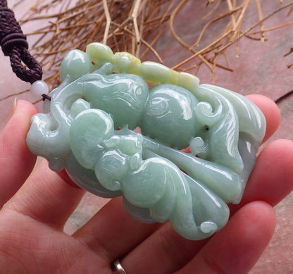 Certified Hand Carved Green Yellow Natural Myanmar Burma A Jade jadeite Bat Gourd Peach Pendant Necklace