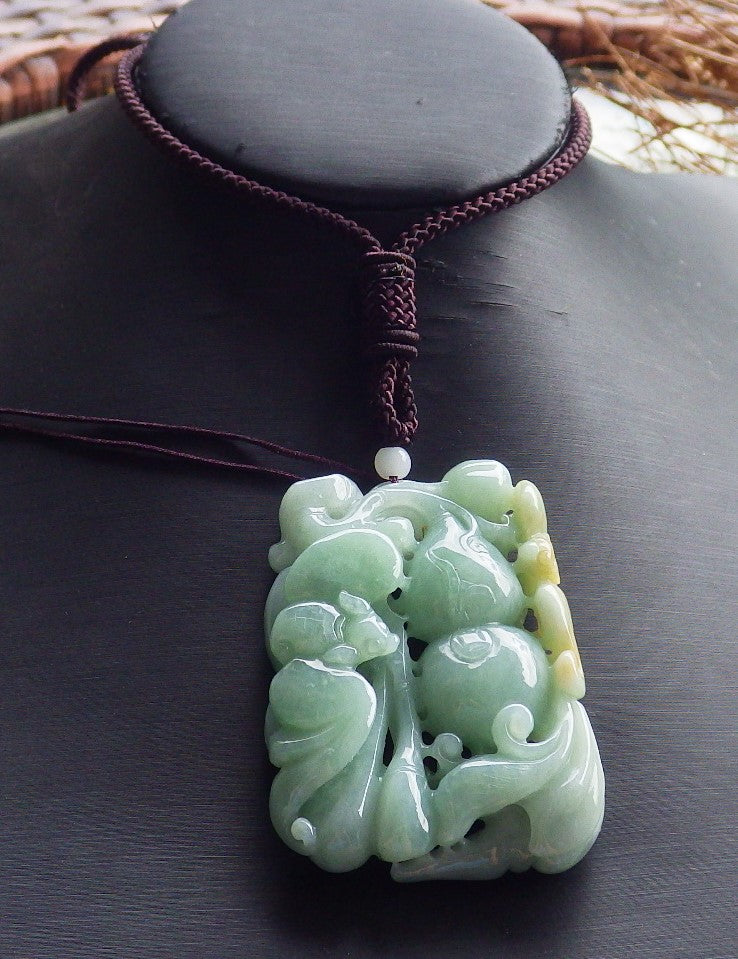 Certified Hand Carved Green Yellow Natural Myanmar Burma A Jade jadeite Bat Gourd Peach Pendant Necklace