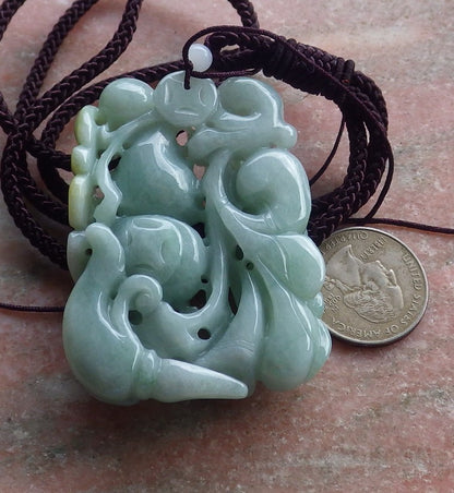 Certified Hand Carved Green Yellow Natural Myanmar Burma A Jade jadeite Bat Gourd Peach Pendant Necklace