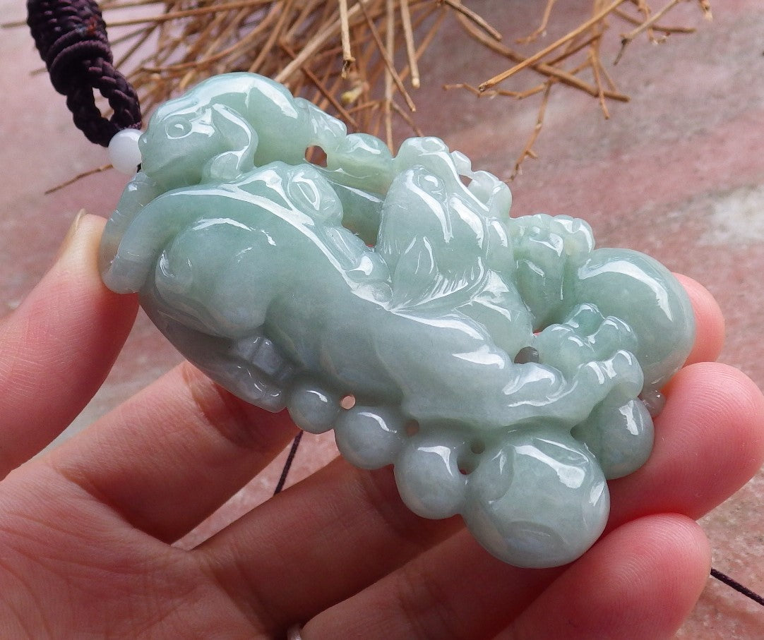 Certified Hand Carved Green Natural Myanmar Burma A Jade Jadeite Zodiac Tiger Frog Toad Lucky Amulet Pendant Necklace