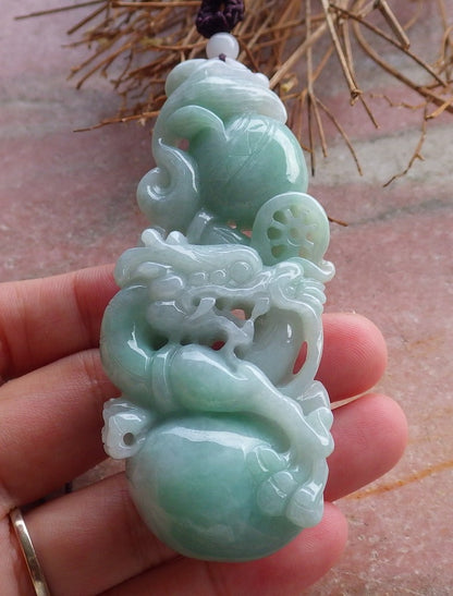 Certified Hand Carved Green Natural Myanmar Burma A Jade Jadeite Dragon Pendant Necklace