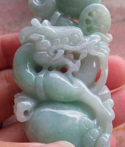 Certified Hand Carved Green Natural Myanmar Burma A Jade Jadeite Dragon Pendant Necklace