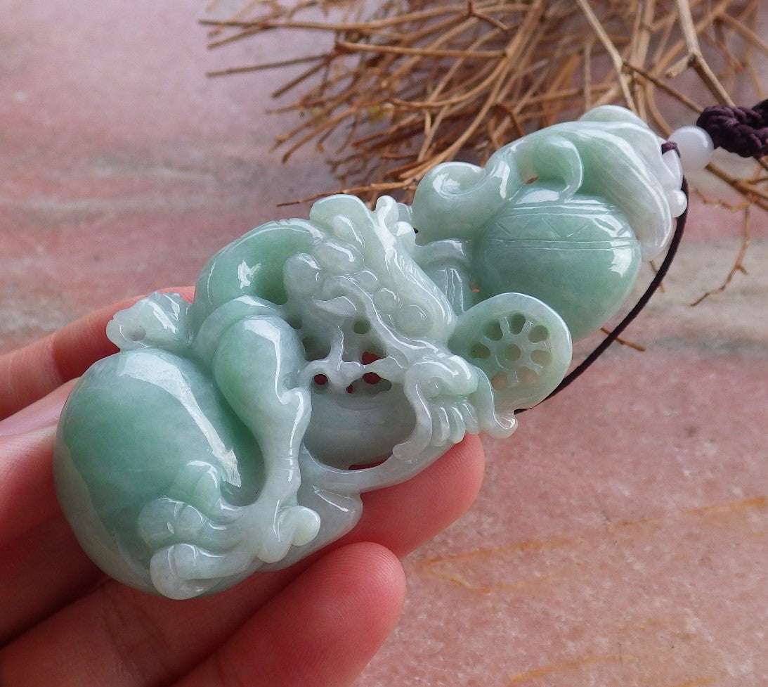 Certified Hand Carved Green Natural Myanmar Burma A Jade Jadeite Dragon Pendant Necklace