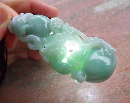 Certified Hand Carved Green Natural Myanmar Burma A Jade Jadeite Dragon Pendant Necklace