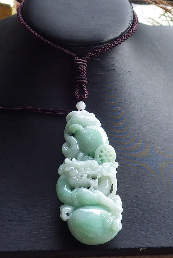 Certified Hand Carved Green Natural Myanmar Burma A Jade Jadeite Dragon Pendant Necklace