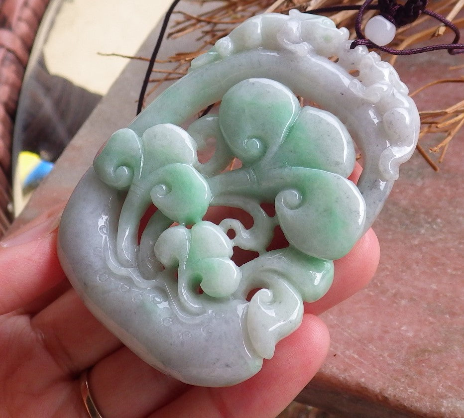 Certified Natural Myanmar Burma A Jade Jadeite Dragon Pi Xiu Lotus Lucky Amulet Pendant Necklace