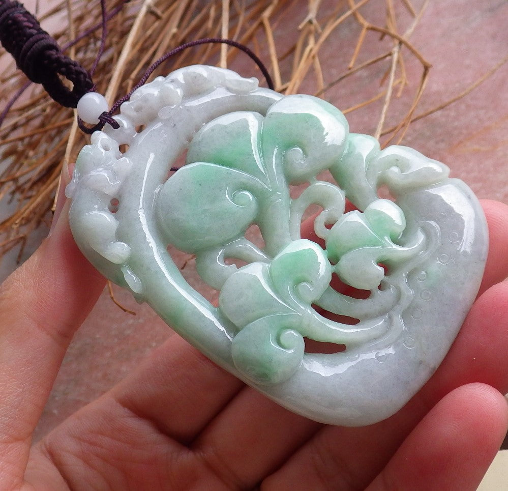 Certified Natural Myanmar Burma A Jade Jadeite Dragon Pi Xiu Lotus Lucky Amulet Pendant Necklace