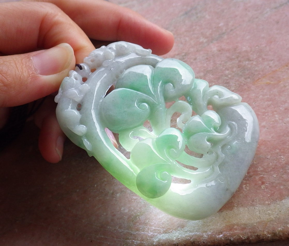 Certified Natural Myanmar Burma A Jade Jadeite Dragon Pi Xiu Lotus Lucky Amulet Pendant Necklace