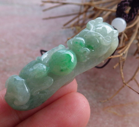 Certified Hand Carved Green Natural Myanmar Burma A Jade Jadeite Dragon Bat Ruyi Hook Lotus Pendant Necklace