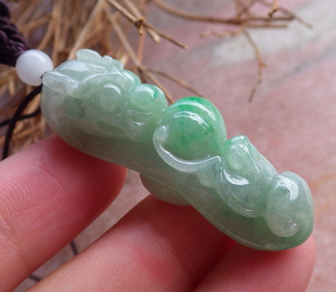 Certified Hand Carved Green Natural Myanmar Burma A Jade Jadeite Dragon Bat Ruyi Hook Lotus Pendant Necklace