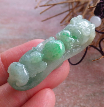 Certified Hand Carved Green Natural Myanmar Burma A Jade Jadeite Dragon Bat Ruyi Hook Lotus Pendant Necklace