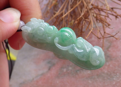 Certified Hand Carved Green Natural Myanmar Burma A Jade Jadeite Dragon Bat Ruyi Hook Lotus Pendant Necklace