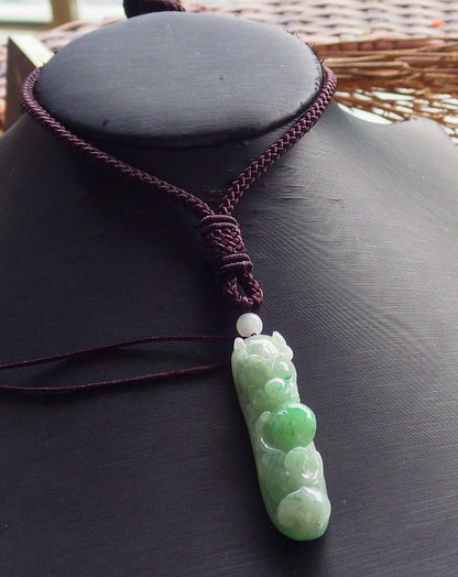 Certified Hand Carved Green Natural Myanmar Burma A Jade Jadeite Dragon Bat Ruyi Hook Lotus Pendant Necklace