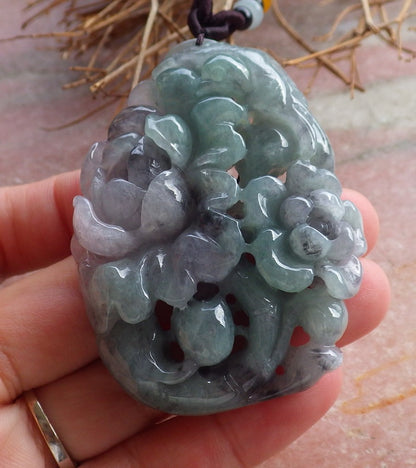 Certified Hand Carved Green Natural Myanmar Burma Grade A Jade jadeite Phoenix Bird Flower Lotus Pendant Necklace